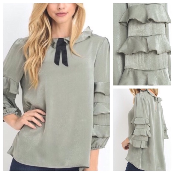 JODIFL Tops - #159 (only LG) Sage Ruffled Blouse